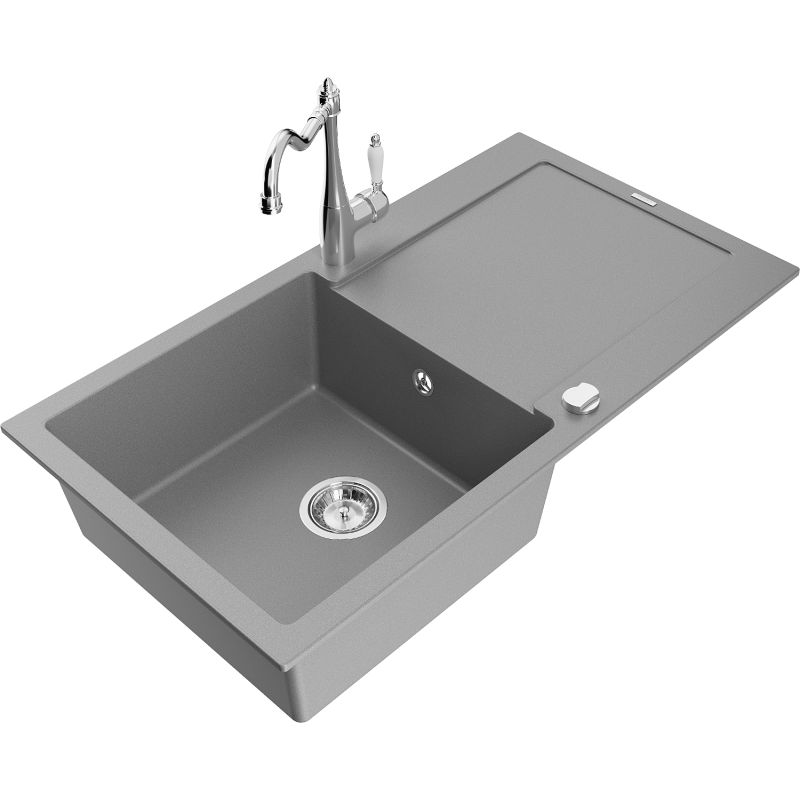 Zlewozmywak granitowy 1-komorowy Mexen Leo z ociekaczem i baterią kuchenną Carla szary 6501-71-670700-00