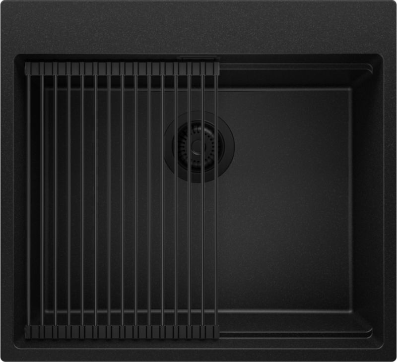 Zlewozmywak Oslo Max PRIMAGRAN Nablatowy 58x53cm do szafki od 60cm, Cały Czarny + Syfon + Zwijany ociekacz, S173, 1 szt.