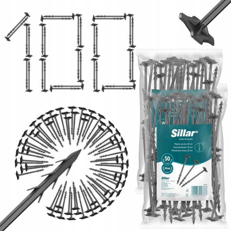 Szpilki do agrotkaniny, Sillar, plastikowe, wbijane do ziemi, 20cm, 100szt