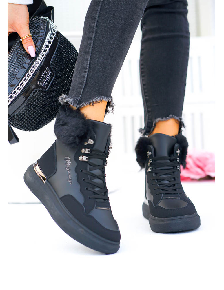 Czarne Sportowe Zimowe Botki Damskie Śniegowce Klarens