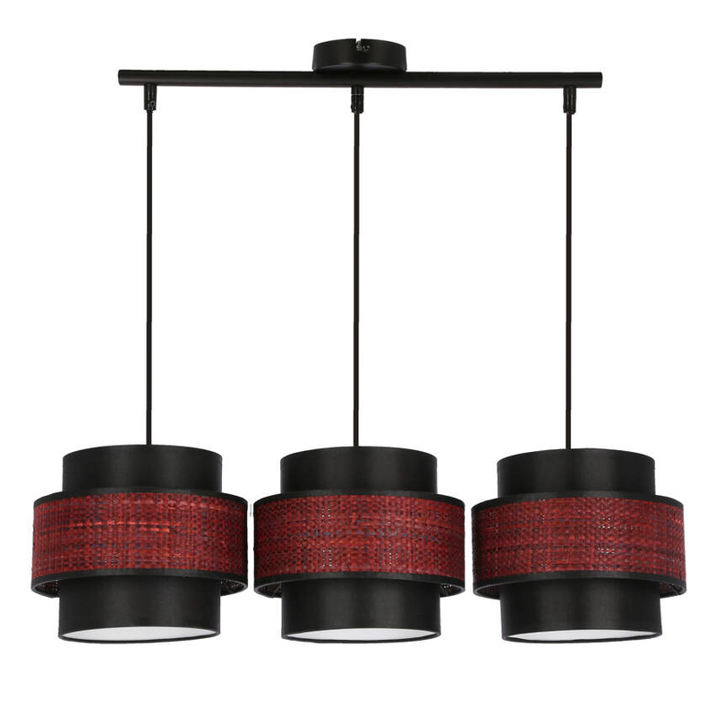 Czarna lampa wisząca 3-płomienna do salonu TOSCANA z bordowym abażurem