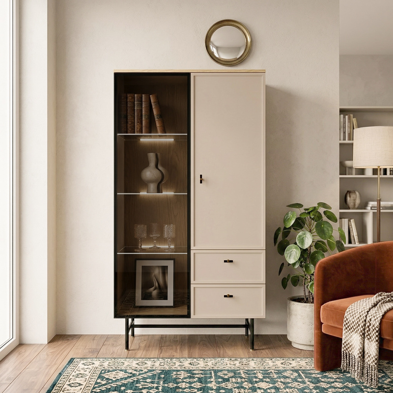 Witryna na książki 90 cm szklana z szufladami do salonu EVORIA