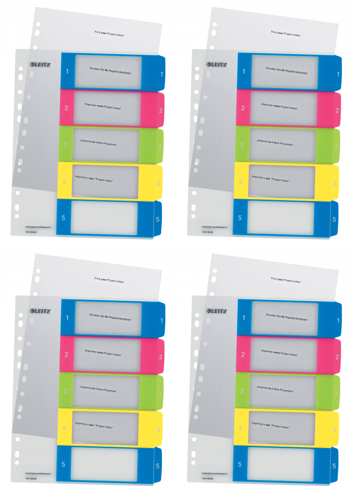 4x Przekładki do segregatora Leitz Wow, plastikowe, numeryczne, do zadruku, A4+, 1-5 kart, mix kolorów