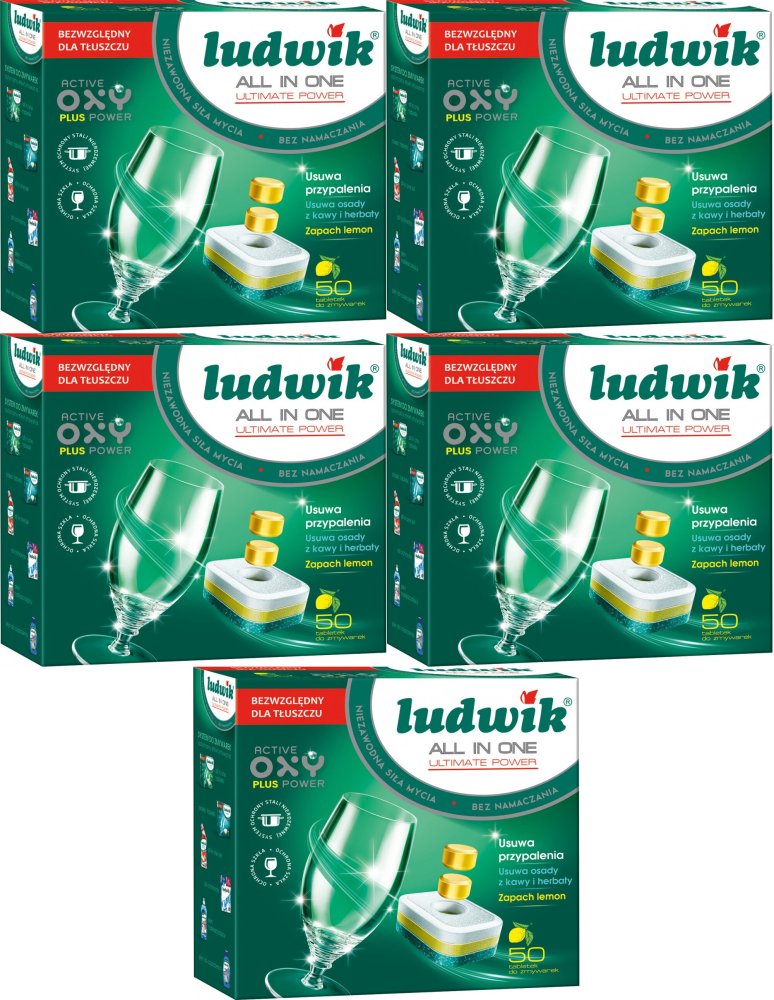 5x Tabletki do zmywarek Ludwik All in One P-Free, cytrynowy, 900g, 50 sztuk