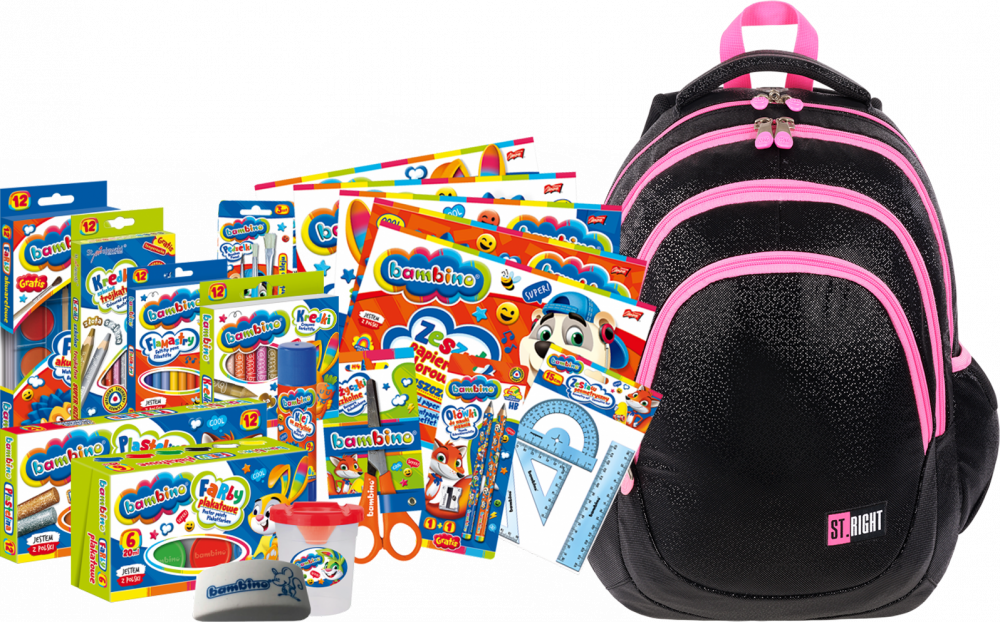 Zestaw: Plecak szkolny St. Right BP6 Black Glitter + wyprawka szkolna Bambino, 18-elementów