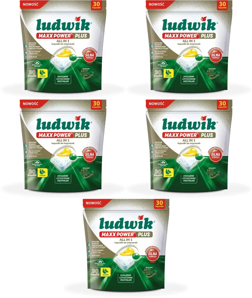 5x Kapsułki do zmywarek Ludwik Maxx Power Plus All in One, lemon, 495g, 30 sztuk