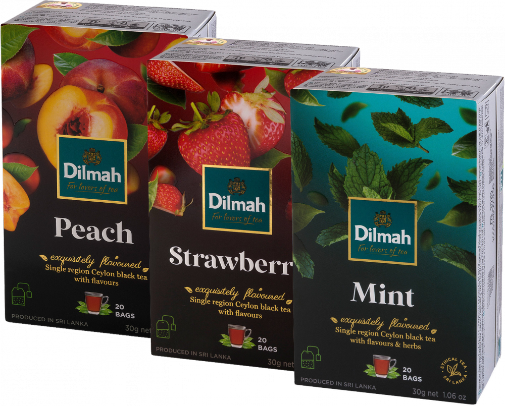 Zestaw 3x Herbata czarna aromatyzowana w torebkach Dilmah 1x truskawka, 1x brzoskwinia, 1x Mint