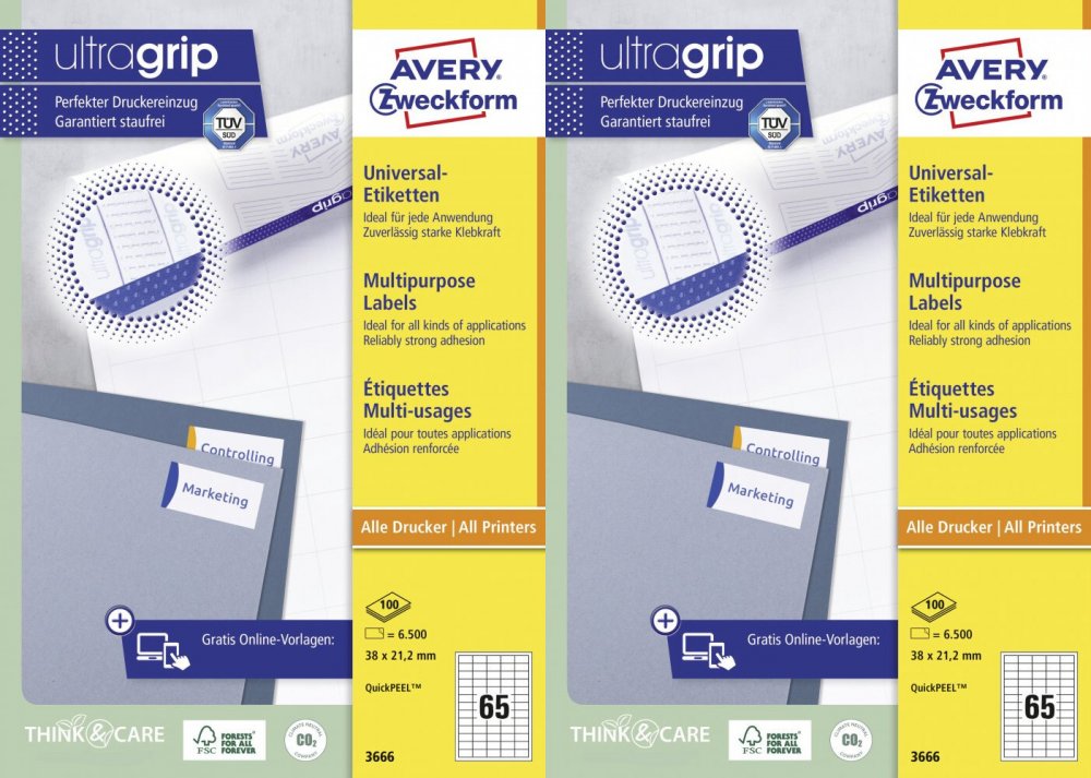2x Etykiety samoprzylepne Avery Zweckform, 38x21.2mm, 100 arkuszy, biały
