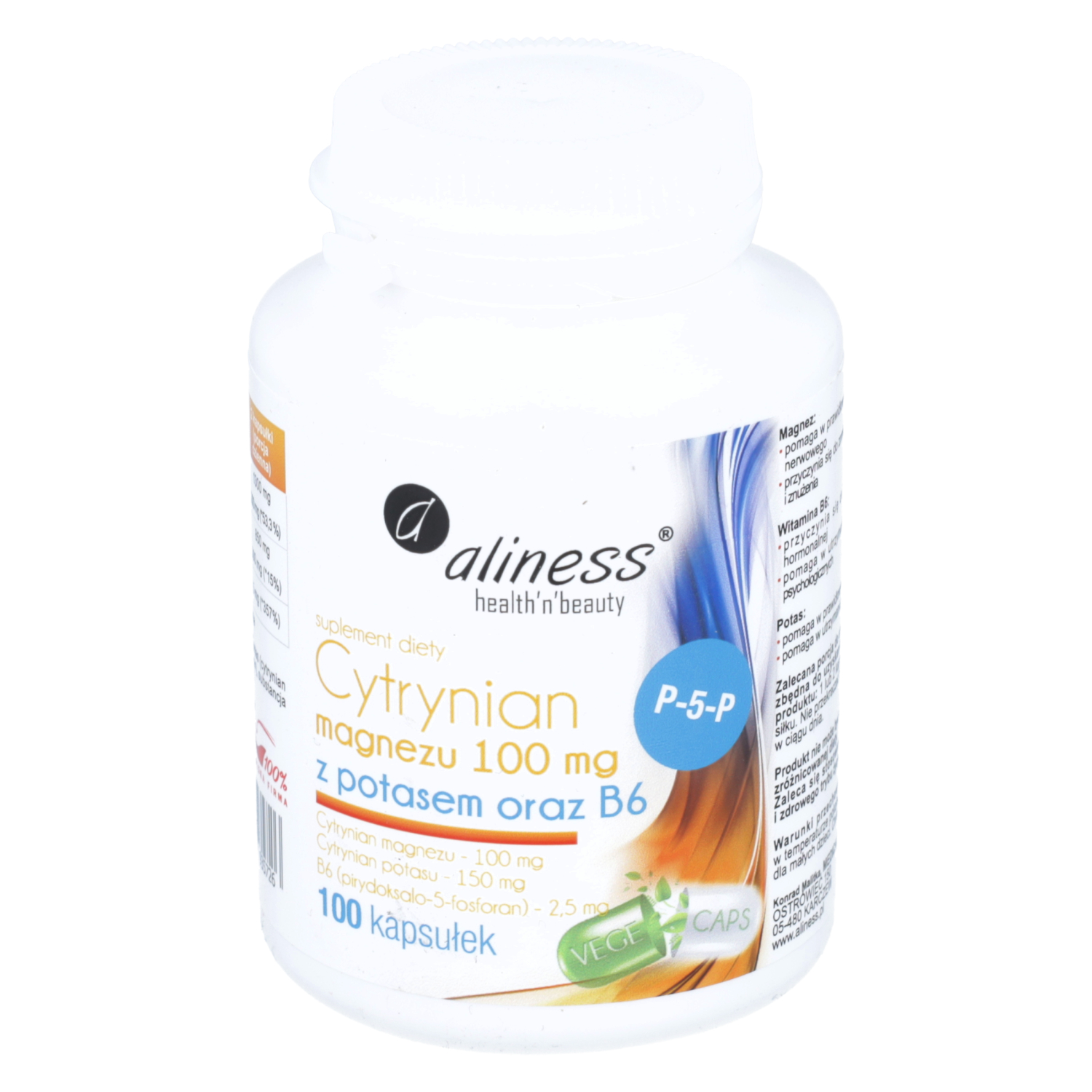 Aliness cytrynian magnezu z potasem, oraz witaminą b6, 100 kapsułek