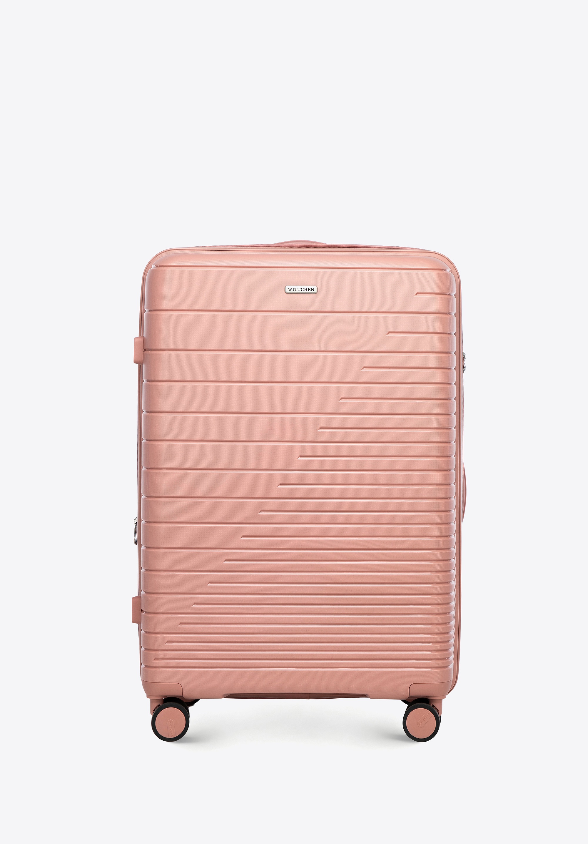 Dodatkowy rabat 25% - Duża walizka z polipropylenu z błyszczącymi paskami różowa