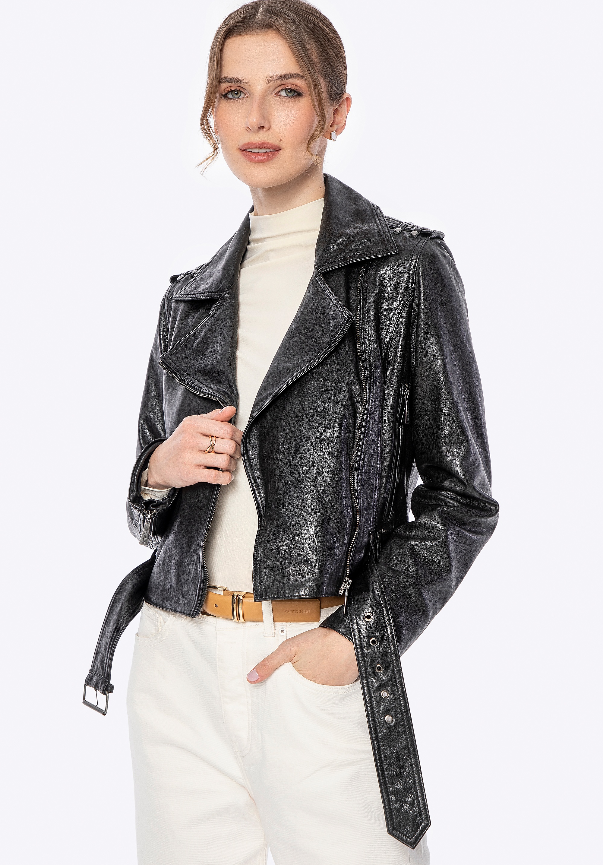 Damska kurtka biker ze skóry czarna