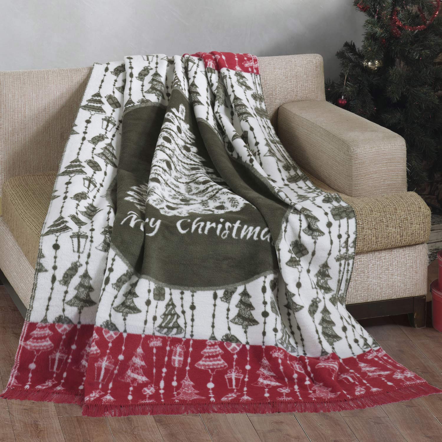 Koc Bawełniany 150x200 Zielony Czerwony Biały