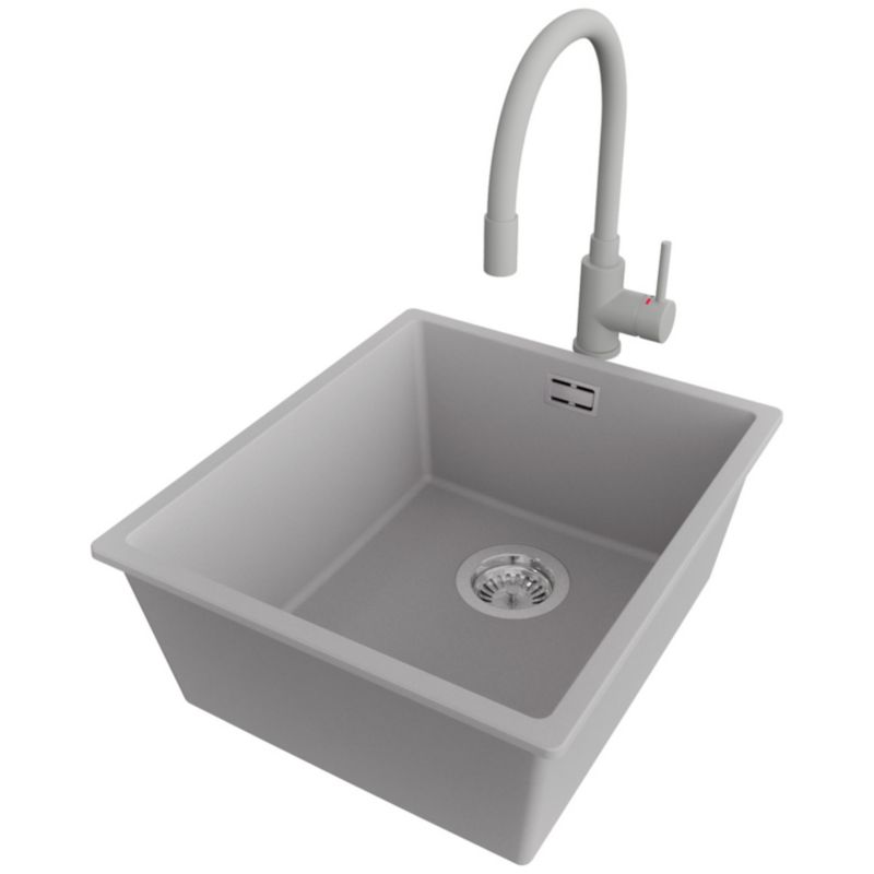 Zlewozmywak Granitowy Londyn Slim PRIMAGRAN Nablatowy 41x47cm do szafki od 45cm, Szary + Bateria 38x14cm + Syfon, S147, 1 szt.