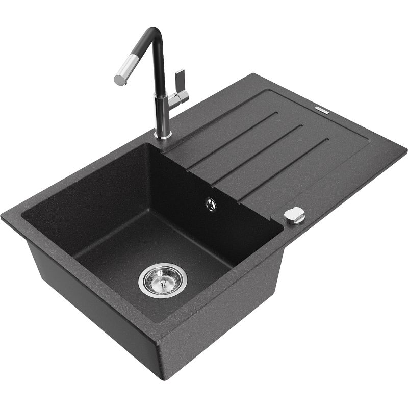 Zlewozmywak granitowy 1-komorowy Mexen Bruno z ociekaczem i baterią kuchenną Flora czarny nakrapiany 6513-76-670401-07