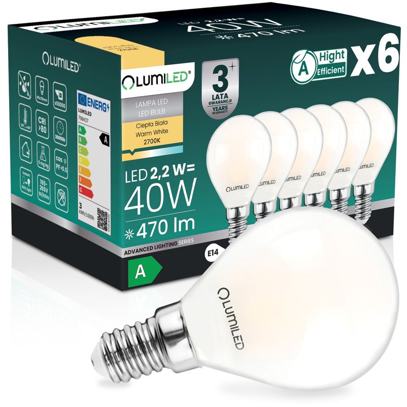 Żarówka LED Lumiled E14 Kulka P45 2.2W 470lm 2700K 360st Filament Klasa A 6 szt.