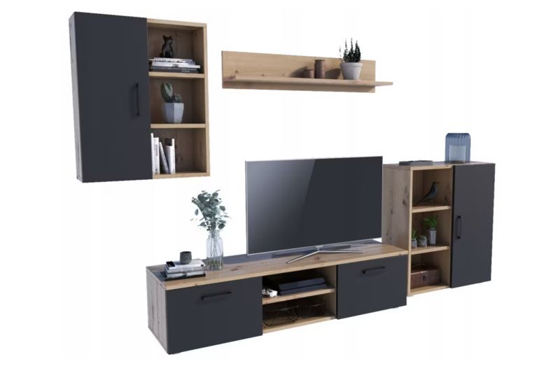 Zestaw mebli do salonu Kobi ICARO szafka RTV, szafka stojąca, szafka wisząca, półka - Dąb Artisan / Czarny 1 szt.