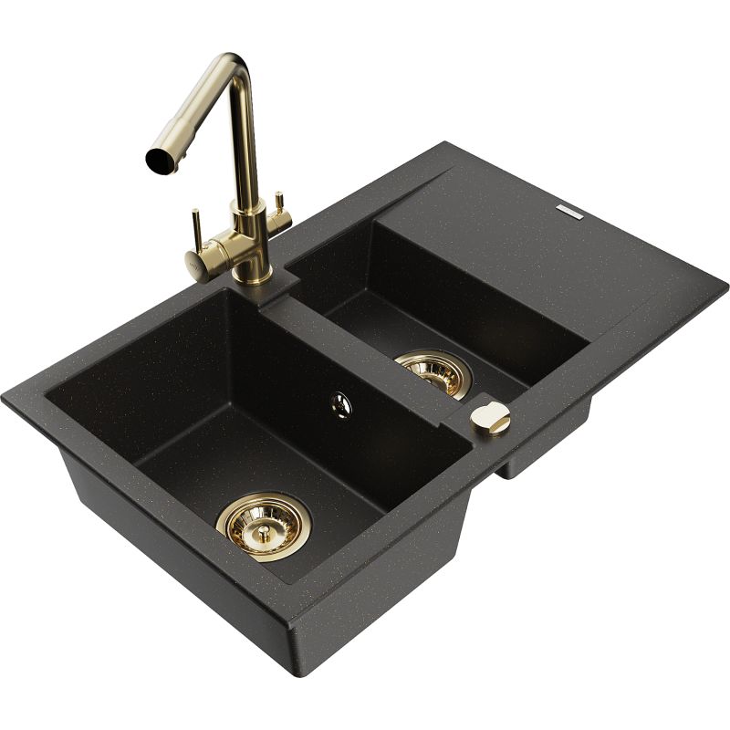 Zlewozmywak granitowy 1.5-komorowy Mexen Gaspar z ociekaczem i baterią kuchenną Duero szary - 6507-71-671600-71 1 szt.