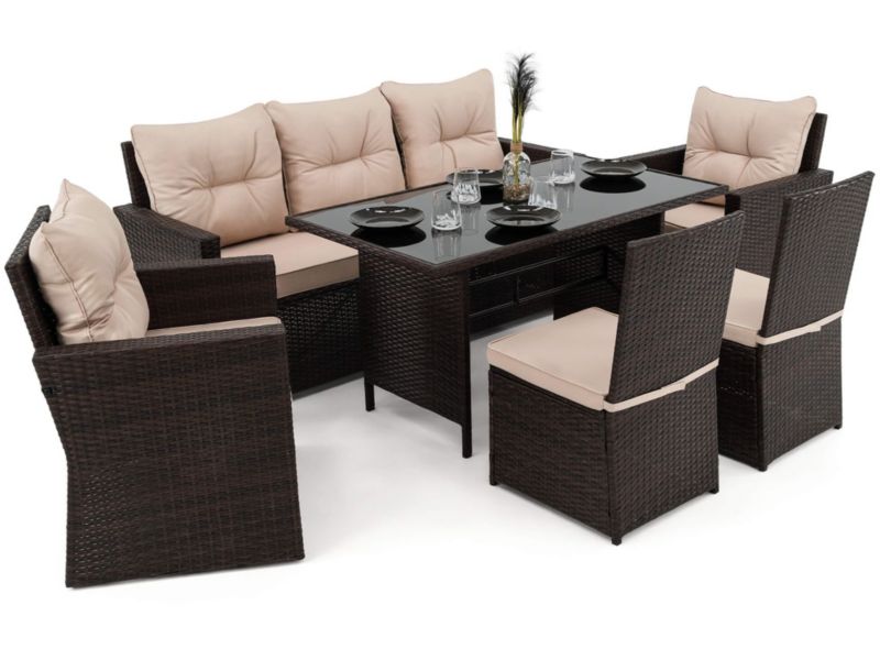 Zestaw mebli ogrodowych MebleMWM MONAKO XL technorattan brązowy poduszki beżowe 9 osobowy 1 kpl.