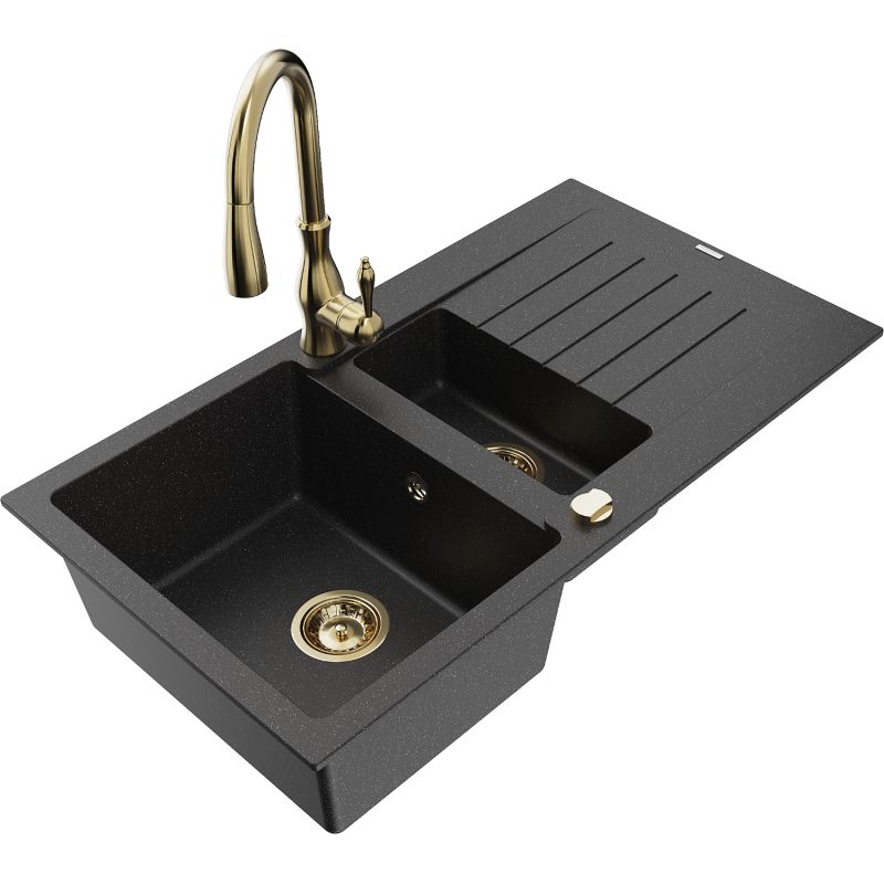 Zlewozmywak granitowy 1.5-komorowy Mexen Matias z ociekaczem i baterią kuchenną Savita czarny/srebrny 6502-73-672601-50