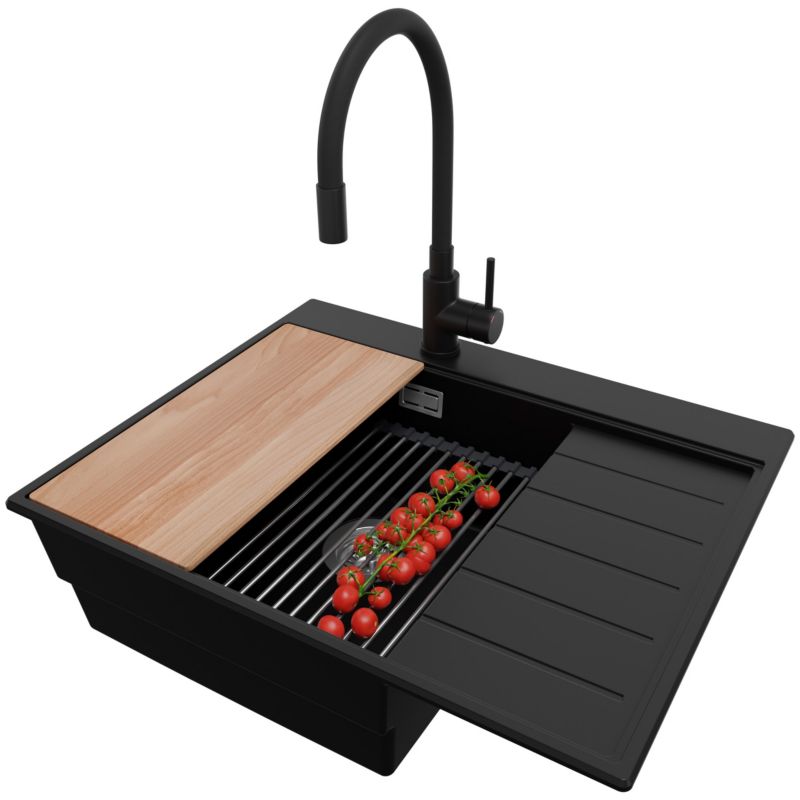 Zlewozmywak Granitowy Sydney PRIMAGRAN Nablatowy 62x50cm do szafki od 45cm, Czarny + Bateria + Syfon + Akcesoria, S182, 1 szt.