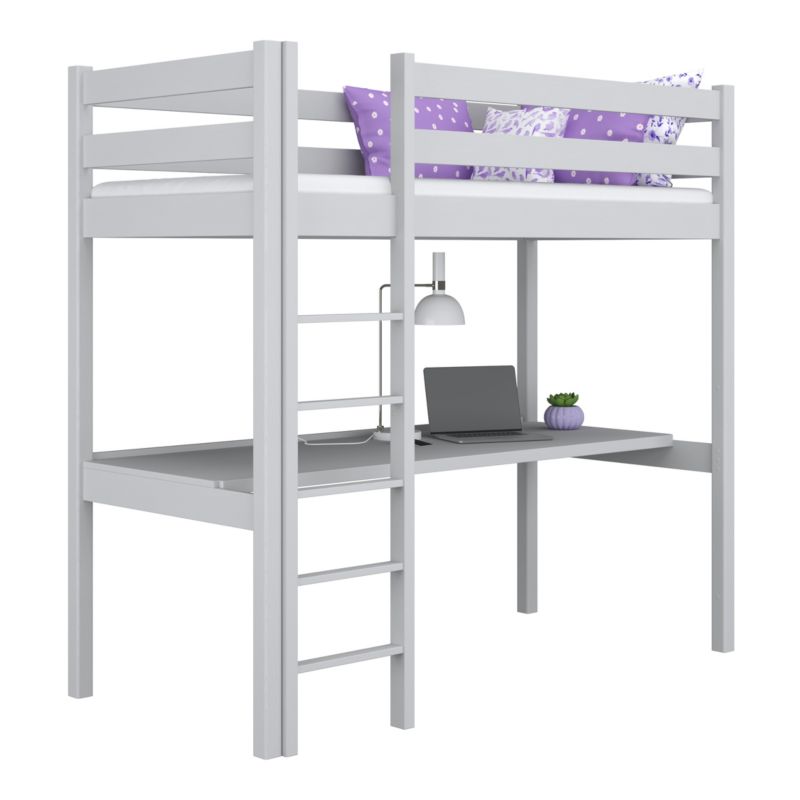 Drewniane łóżko N-WOOD na antresoli z biurkiem N05 popielaty 100x200 1szt.