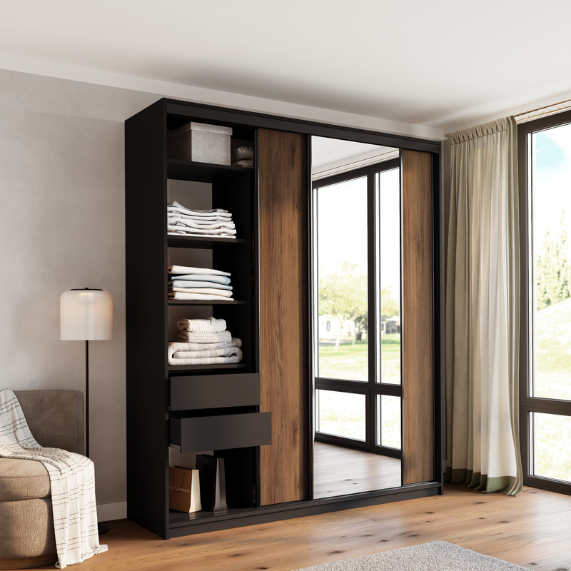 Wysoka szafa przesuwna z lustrem 200 cm do sypialni LOFT MAX orzech