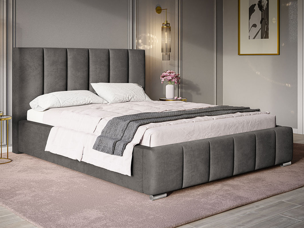 Szare łóżko tapicerowane z pojemnikiem 140x200 cm CAND