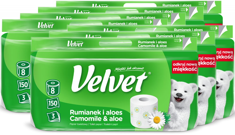 7x Papier toaletowy Velvet Rumianek i Aloes, 3-warstwowy, 8 rolek, biały