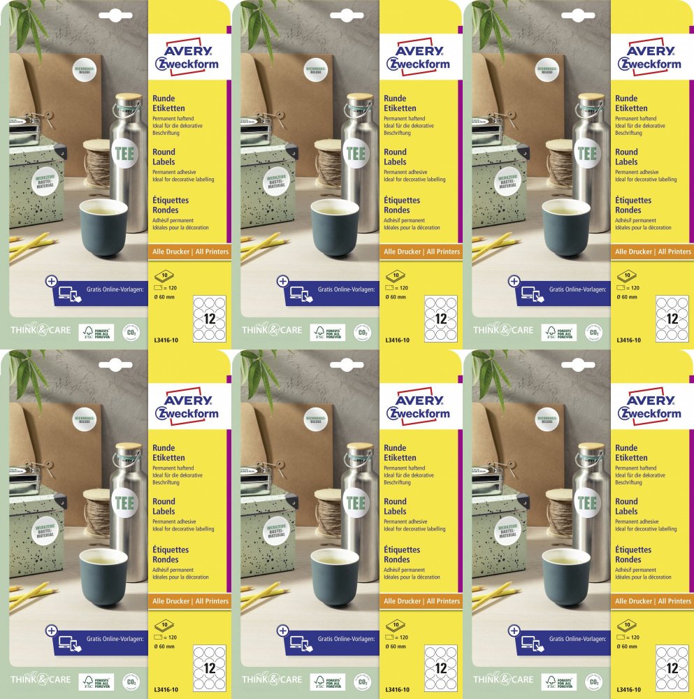 6x Etykiety Avery Zweckform, okrągłe, średnica 60mm, 120 sztuk, biały
