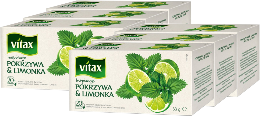 6x Herbata ziołowo-owocowa w torebkach Vitax Inspiracje, pokrzywa & limonka, 20 sztuk x 1.65g