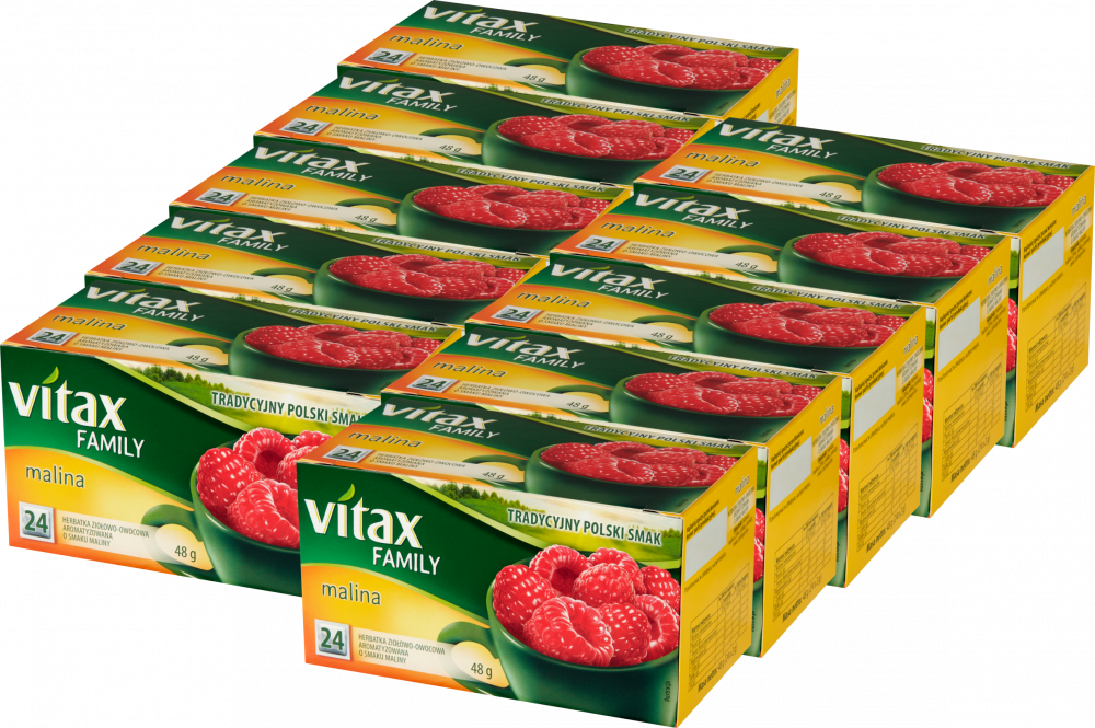 10x Herbata owocowa w torebkach Vitax Family, malina, 24 sztuki x 2g