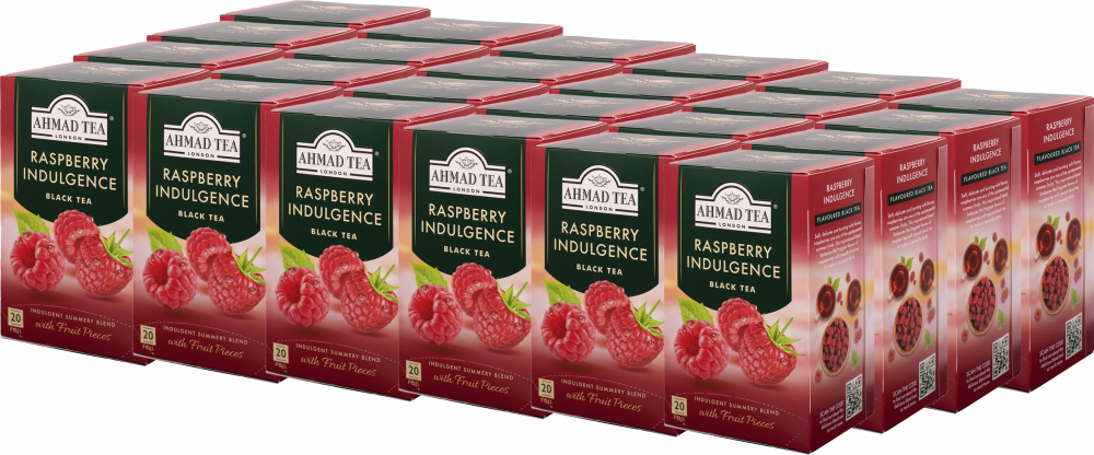 24x Herbata czarna aromatyzowana w kopertach Ahmad Tea Raspberry Indulgence, malina, 20 sztuk x 2g