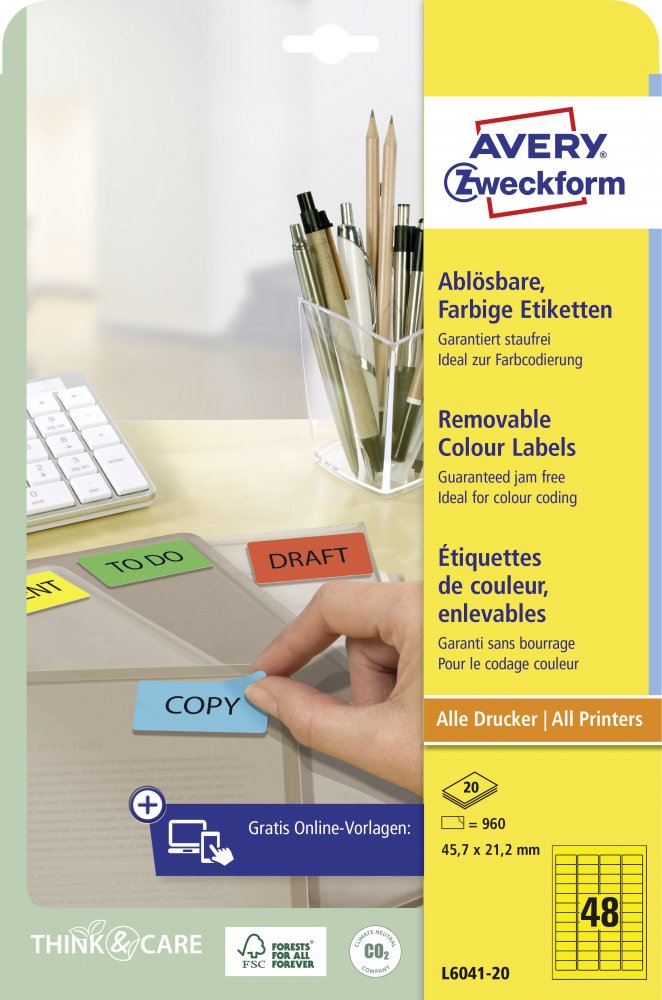 Etykiety usuwalne Avery Zweckform, 45.7x21.2mm, 20 arkuszy, żółty