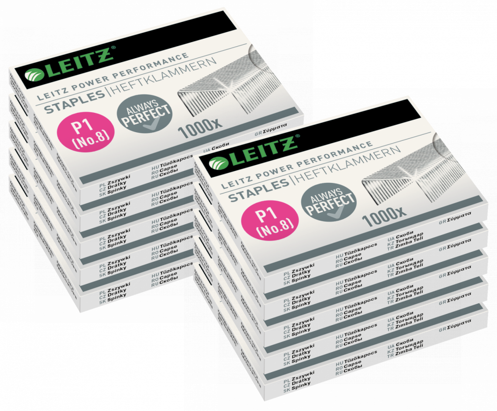 10x Zszywki Leitz Power Performance nr 8, Strong, 1000 sztuk, srebrny