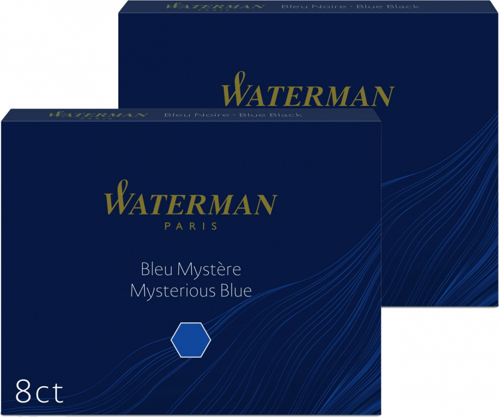 2x Naboje do piór Waterman, Standard, długie, 8 sztuk, czarno-niebieski