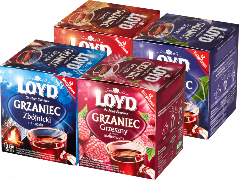 Zestaw herbat zimowych Loyd: Grzaniec Kozacki, miodowy + Grzaniec, śliwkowy + Grzaniec Zbójnicki + Grzaniec Grzeszny, malinowy, 40 sztuk