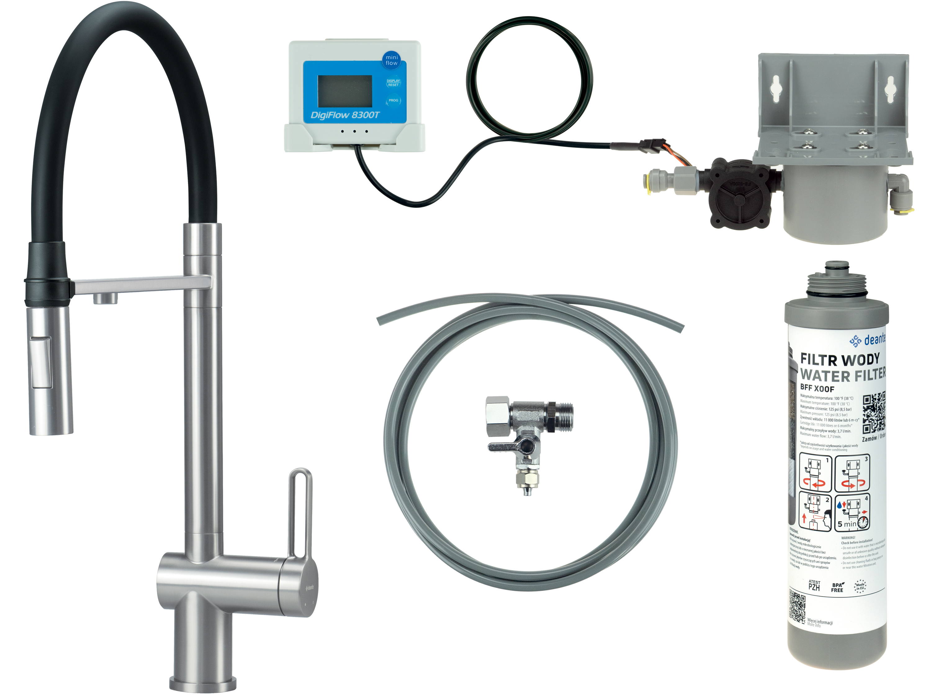 Deante Magnetic zestaw startowy z baterią kuchenną stal szczotkowana BRMFF75M
