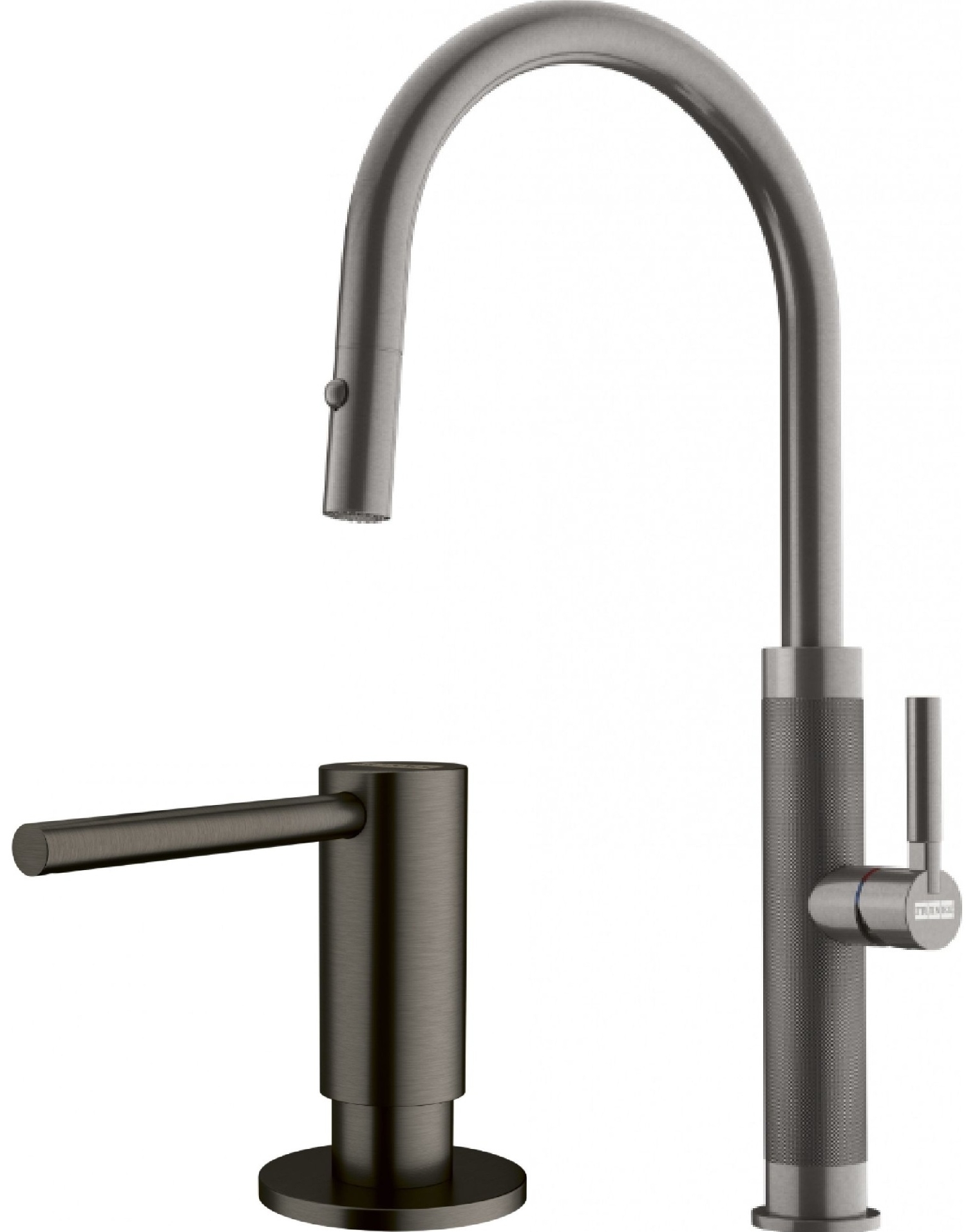 Zestaw Franke Mythos Masterpiece Pull-Out Spray bateria kuchenna stojąca z dozownikiem do płynów 350 ml antracyt (1150711555, 1120717103)