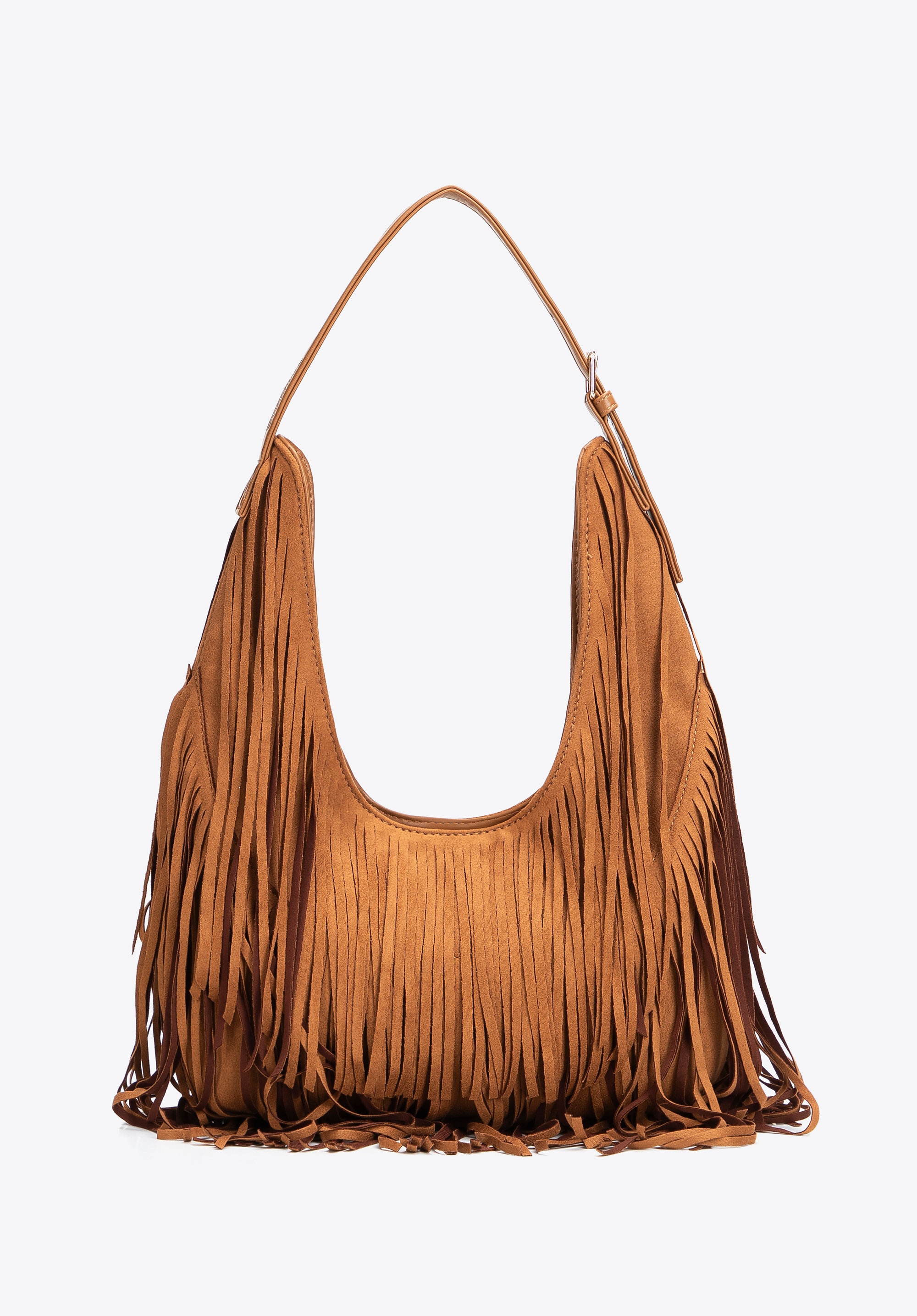Duża torebka na ramię z frędzlami brązowa