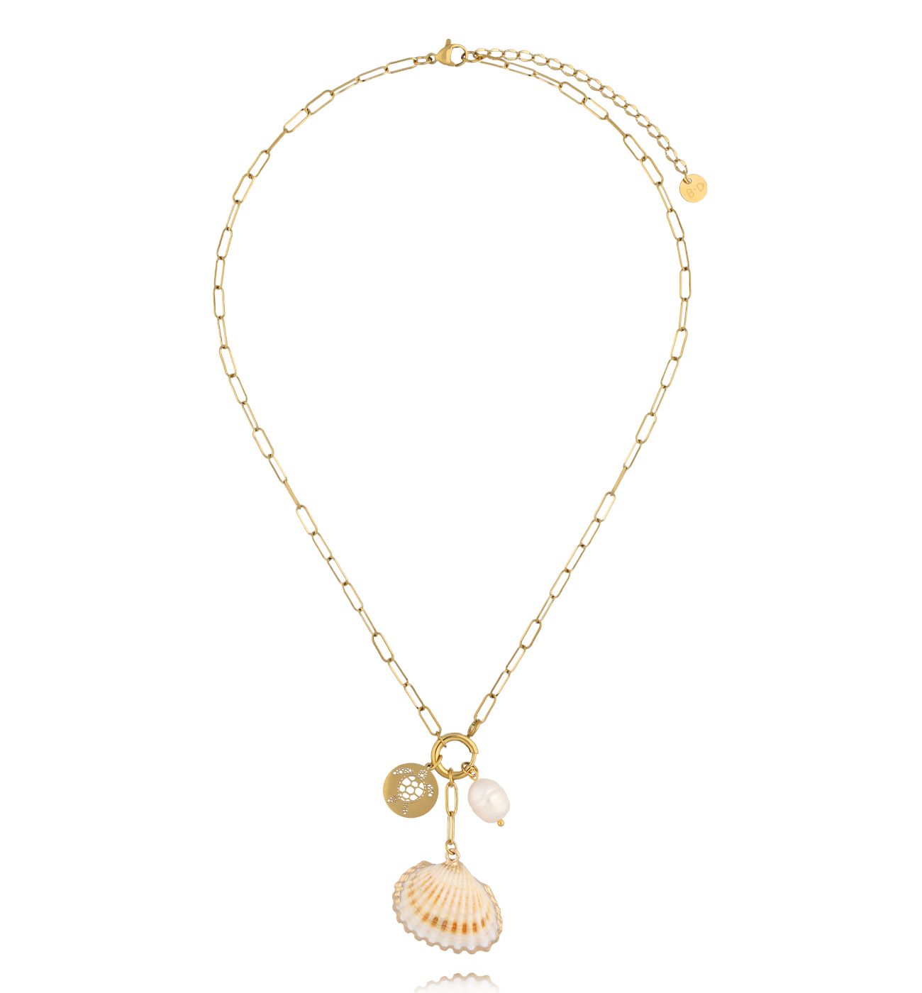 Naszyjnik z naturalną muszlą, perełką i złotą zawieszką na łańcuszku NSY0750 - By Dziubeka