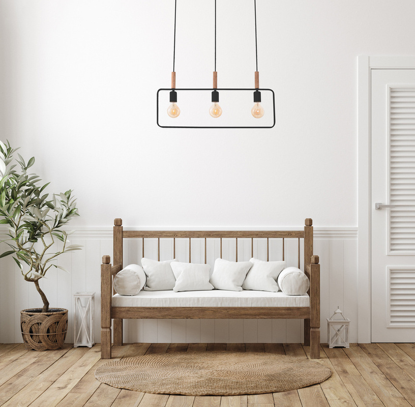 Czarna lampa wisząca regulowana do salonu FRAME metal drewno