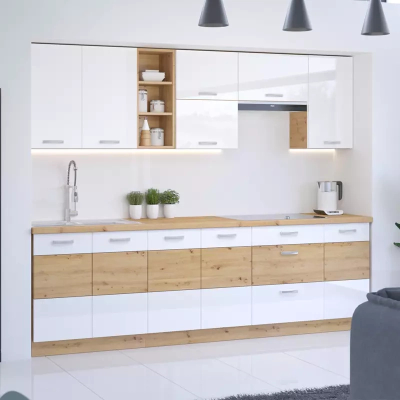 Meble kuchenne biały połysk z drewnem AGATA 2