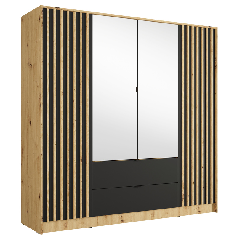 Szafa czterodrzwiowa 200 cm z lamelami i lustrem KORSO dąb artisan czarny