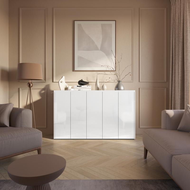 Pięciodrzwiowa komoda biały połysk z półkami do salonu 156 cm EASY EA-01