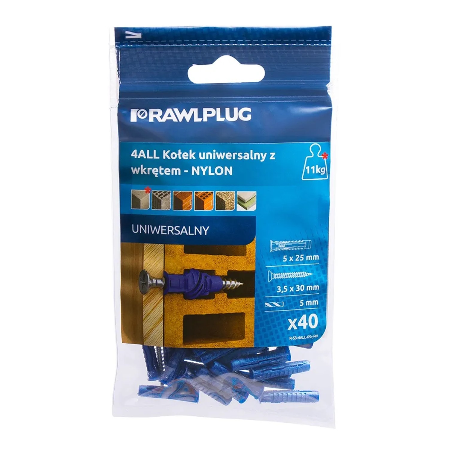 Rawlplug Kołek 4All uniwersalny 5x25mm z wkrętem 40 szt