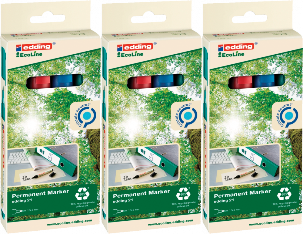 3x Marker permanentny Edding 21 EcoLine, okrągła, 1.5-3mm, 4 sztuki, mix kolorów