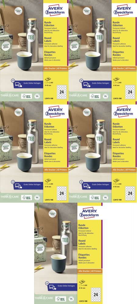 5x Etykiety Avery Zweckform, okrągłe, średnica 40mm, 2400 sztuk, bialy