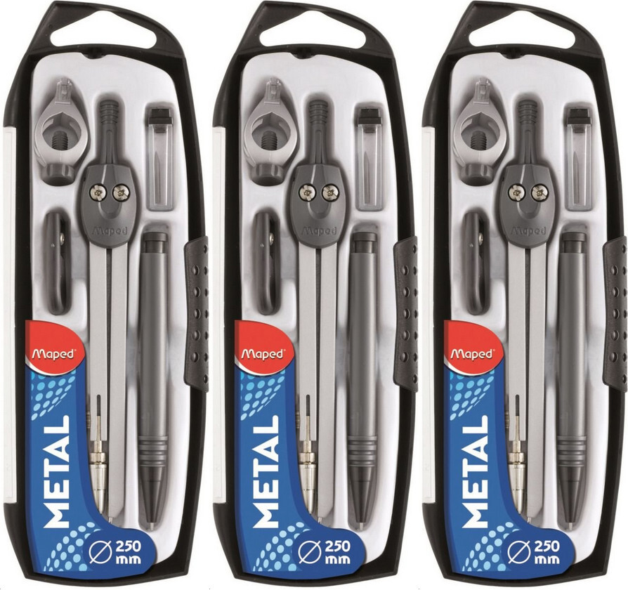 3x Cyrkiel Maped Start, 250mm, z akcesoriami, srebrny