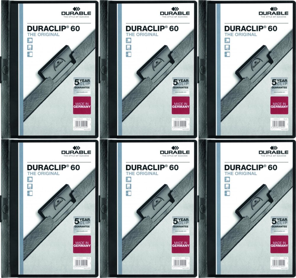 6x Skoroszyt plastikowy z klipsem Durable DuraClip, A4, do 60 kartek, czarny
