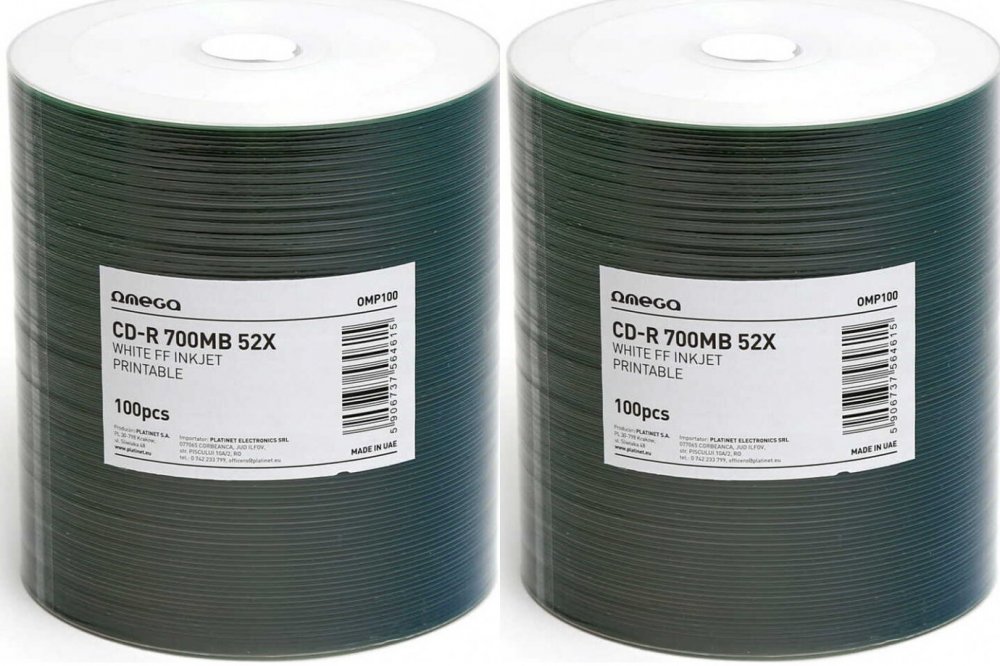 2x Płyta CD-R Omega, do nadruku, do jednokrotnego zapisu, 700 MB, folia, 100 sztuk